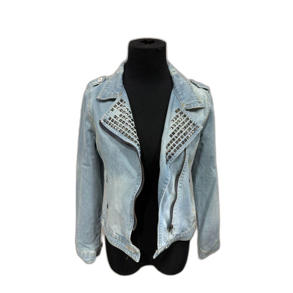 Vintage Light Blue Denim Jacket Silver Stud Embellishments Asymmetric Zipper Sm